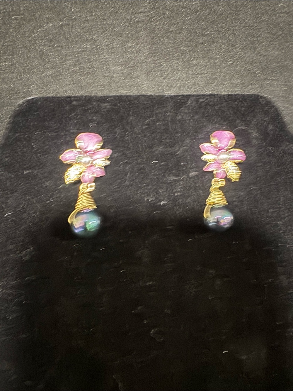 Gold Pink Floral Drop Earrings with Iridescent Black Pearl